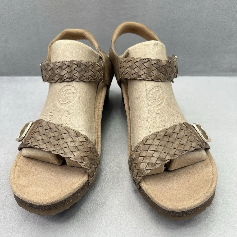 Womens 10.5-11 Aetrex Grace Adjustable Woven Wedge Taupe Leather Braided Sandals